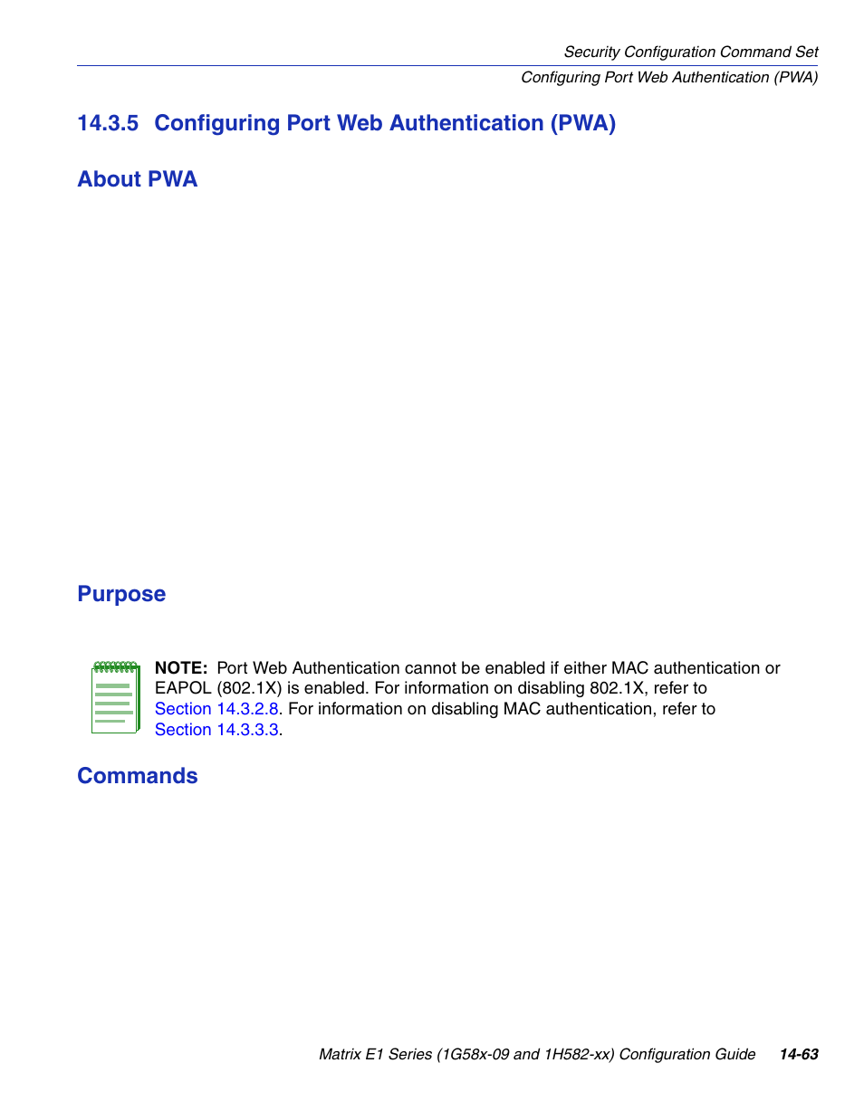 5 configuring port web authentication (pwa), Configuring port web authentication (pwa) -63, Section 14.3.5 | Purpose, Commands | Enterasys Networks 1G58x-09 User Manual | Page 745 / 808