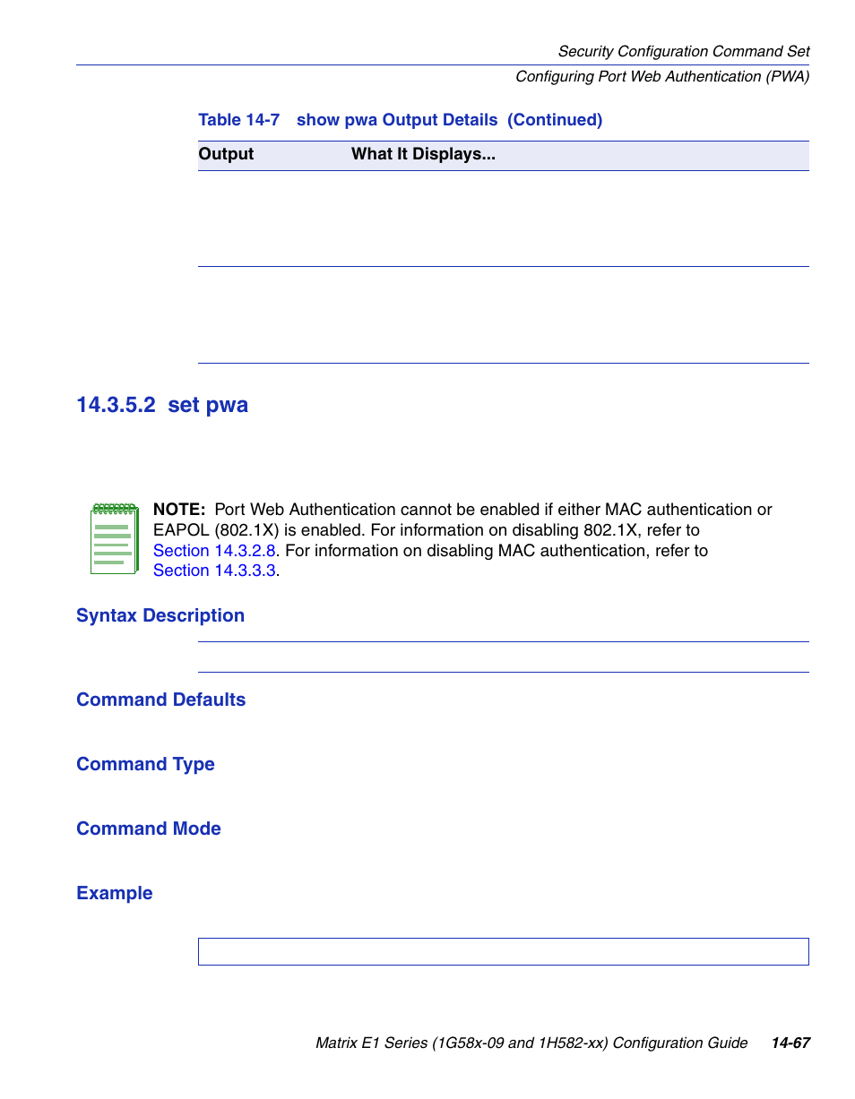 2 set pwa, Set pwa -67, Section 14.3.5.2 | Enterasys Networks 1G58x-09 User Manual | Page 749 / 808