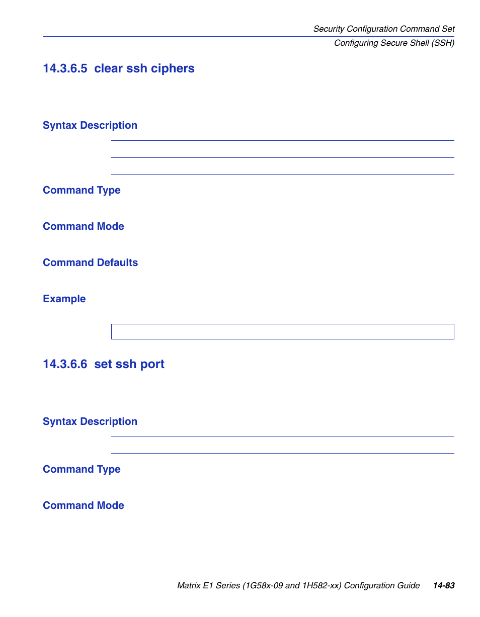 5 clear ssh ciphers, 6 set ssh port, Clear ssh ciphers -83 | Set ssh port -83, Section 14.3.6.5, Section 14.3.6.6 | Enterasys Networks 1G58x-09 User Manual | Page 765 / 808