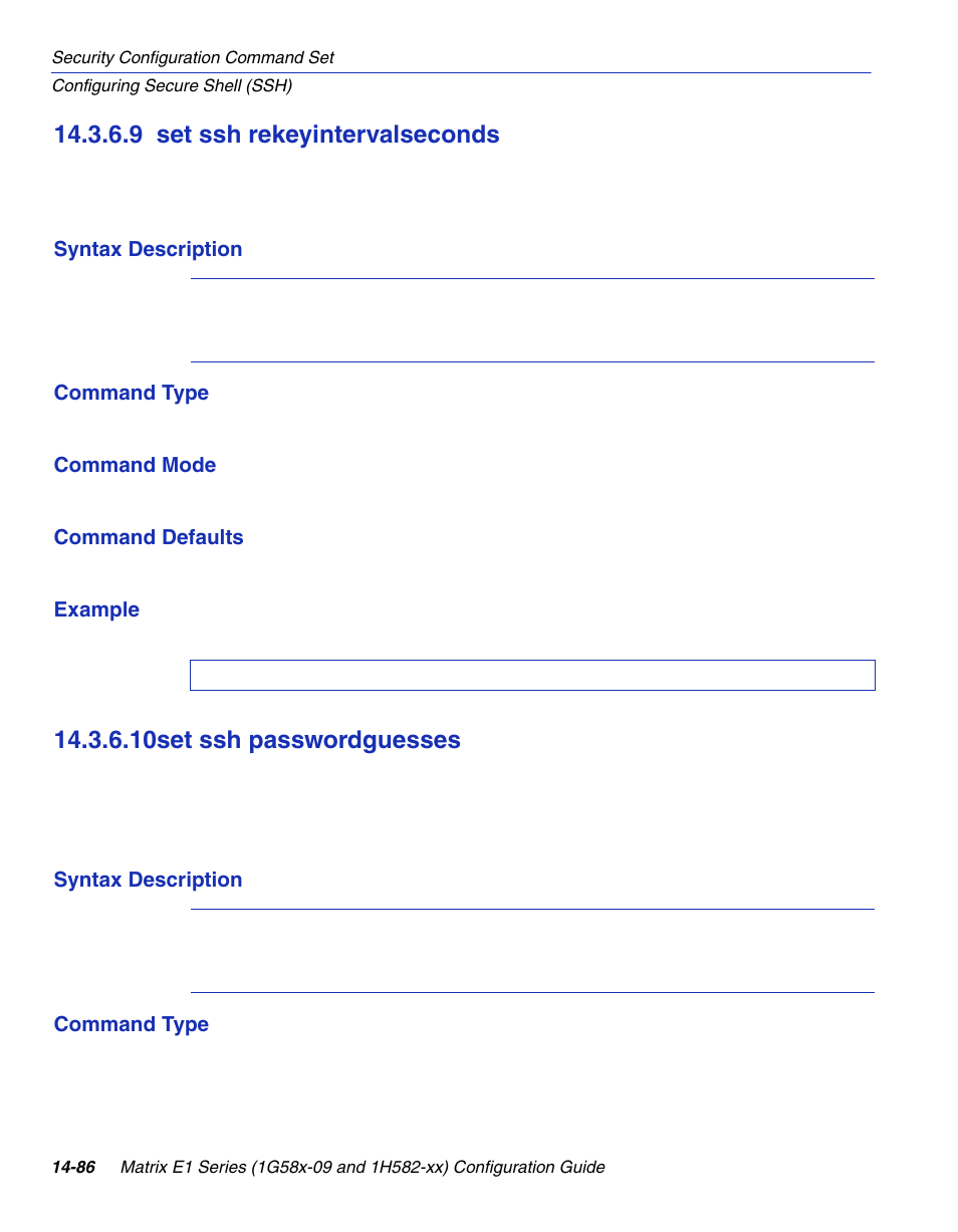 9 set ssh rekeyintervalseconds, 10 set ssh passwordguesses, Set ssh rekeyintervalseconds -86 | Set ssh passwordguesses -86, Section 14.3.6.9, Section 14.3.6.10, 10set ssh passwordguesses | Enterasys Networks 1G58x-09 User Manual | Page 768 / 808