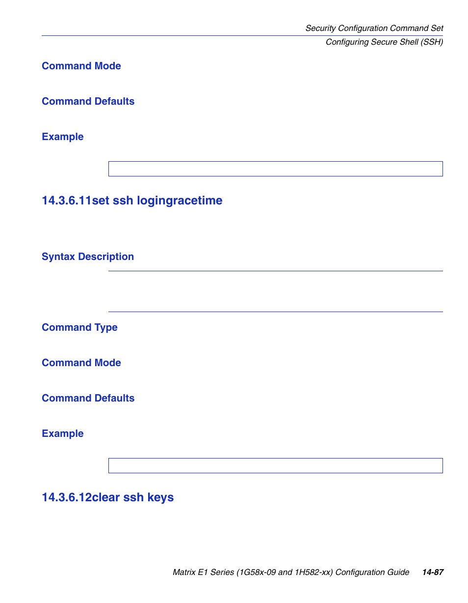 11 set ssh logingracetime, 12 clear ssh keys, Set ssh logingracetime -87 | Clear ssh keys -87, Section 14.3.6.11, Section 14.3.6.12, 11set ssh logingracetime, 12clear ssh keys | Enterasys Networks 1G58x-09 User Manual | Page 769 / 808