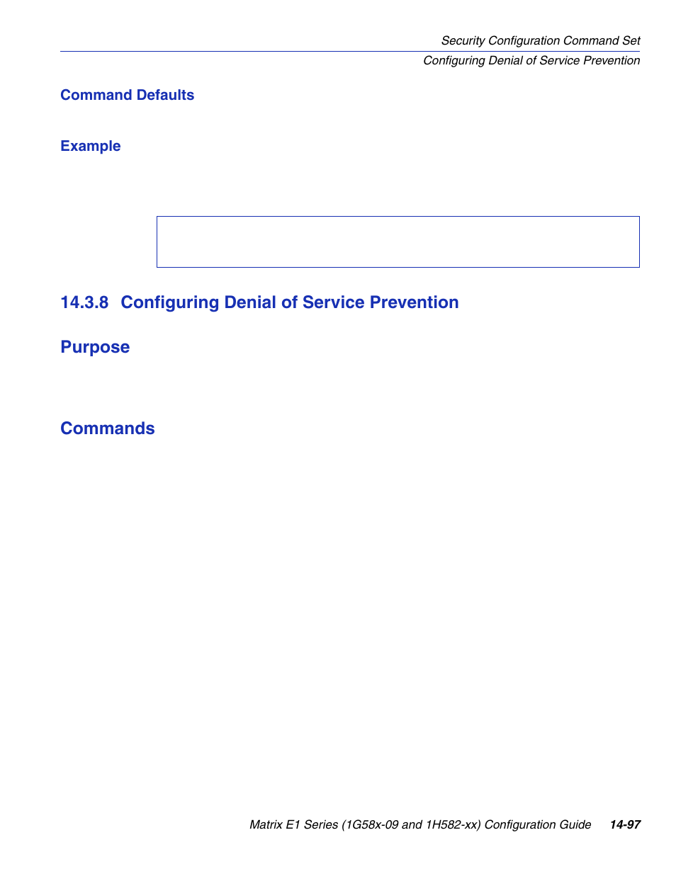 8 configuring denial of service prevention, Configuring denial of service prevention -97, Section 14.3.8 | 8 configuring denial of service prevention purpose, Commands | Enterasys Networks 1G58x-09 User Manual | Page 779 / 808