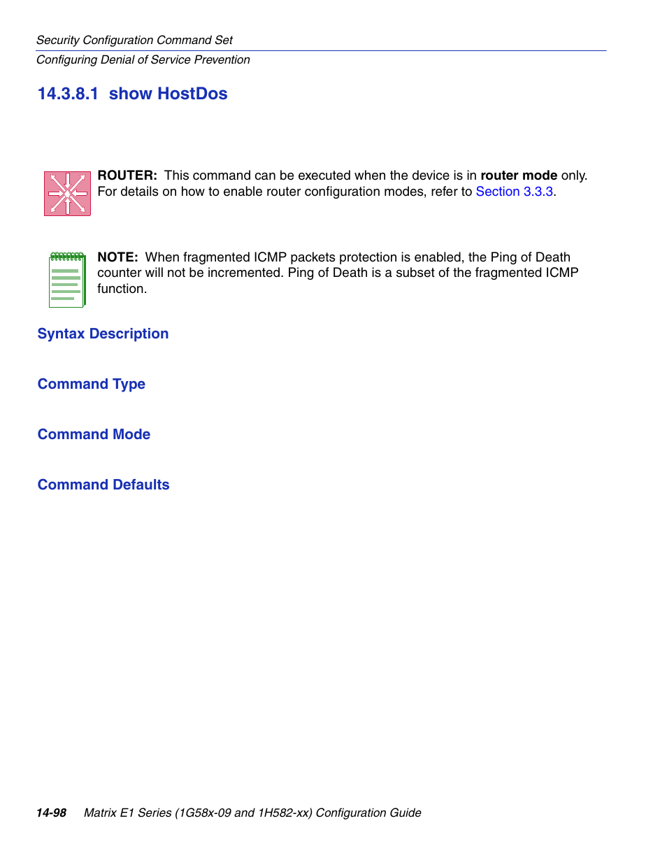 1 show hostdos, Show hostdos -98, Show hostdos | Section 14.3.8.1 | Enterasys Networks 1G58x-09 User Manual | Page 780 / 808
