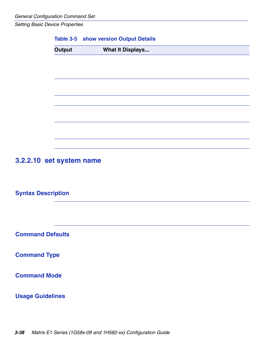 10 set system name, Set system name -38, Show version output details | Table 3-5, Set system name, Section 3.2.2.10 | Enterasys Networks 1G58x-09 User Manual | Page 86 / 808