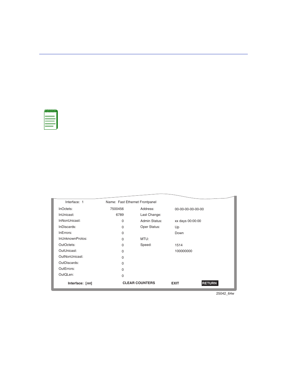 3 interface statistics screen, Interface statistics screen -6, Interface statistics screen | Interface statistics, Section 10.3, 3 interface statistics screen when to use, How to access, Screen example, Field descriptions | Enterasys Networks 2200 User Manual | Page 230 / 330
