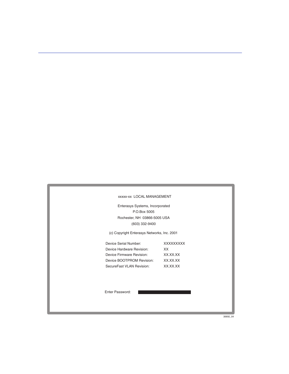 2 password screen, Password screen -6, Local management password screen | Section 3.2, Password, 2 password screen when to use, How to access, Screen example | Enterasys Networks 2200 User Manual | Page 42 / 330