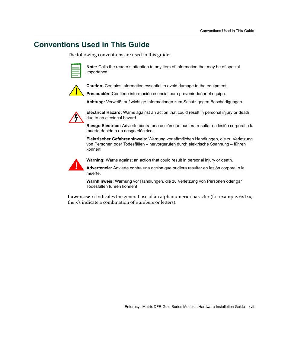 Conventions used in this guide | Enterasys Networks Enterasys Gold Distributed Forwarding Engine 4H4284-49 User Manual | Page 19 / 90