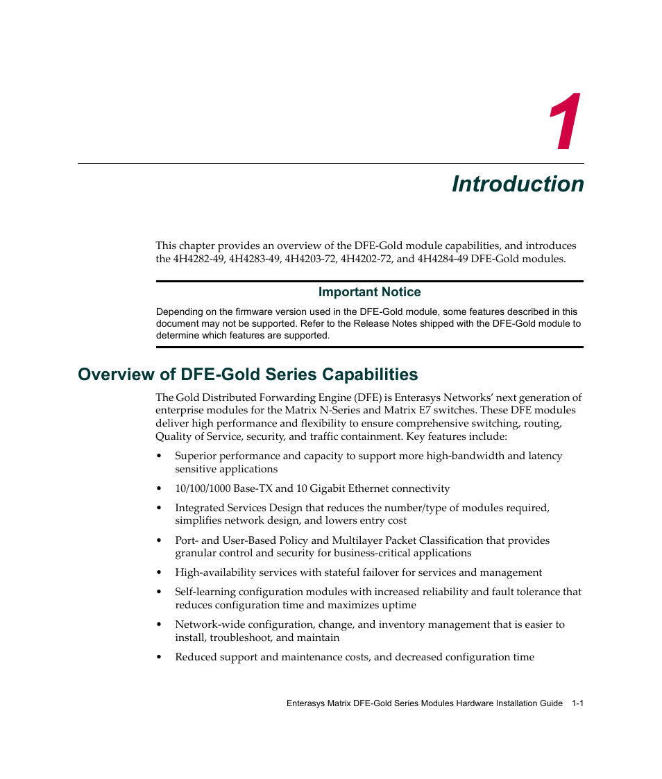 Introduction, Overview of dfe-gold series capabilities, Chapter 1: introduction | Overview of dfe-gold series capabilities -1, Hapter 1 | Enterasys Networks Enterasys Gold Distributed Forwarding Engine 4H4284-49 User Manual | Page 21 / 90