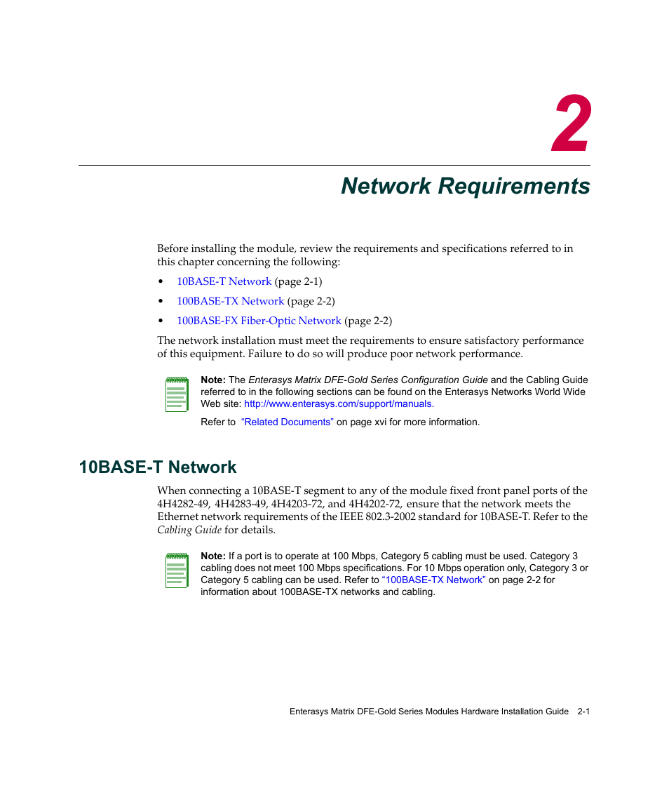 Network requirements, 10base-t network, Chapter 2: network requirements | 10base-t network -1, Hapter 2 | Enterasys Networks Enterasys Gold Distributed Forwarding Engine 4H4284-49 User Manual | Page 29 / 90