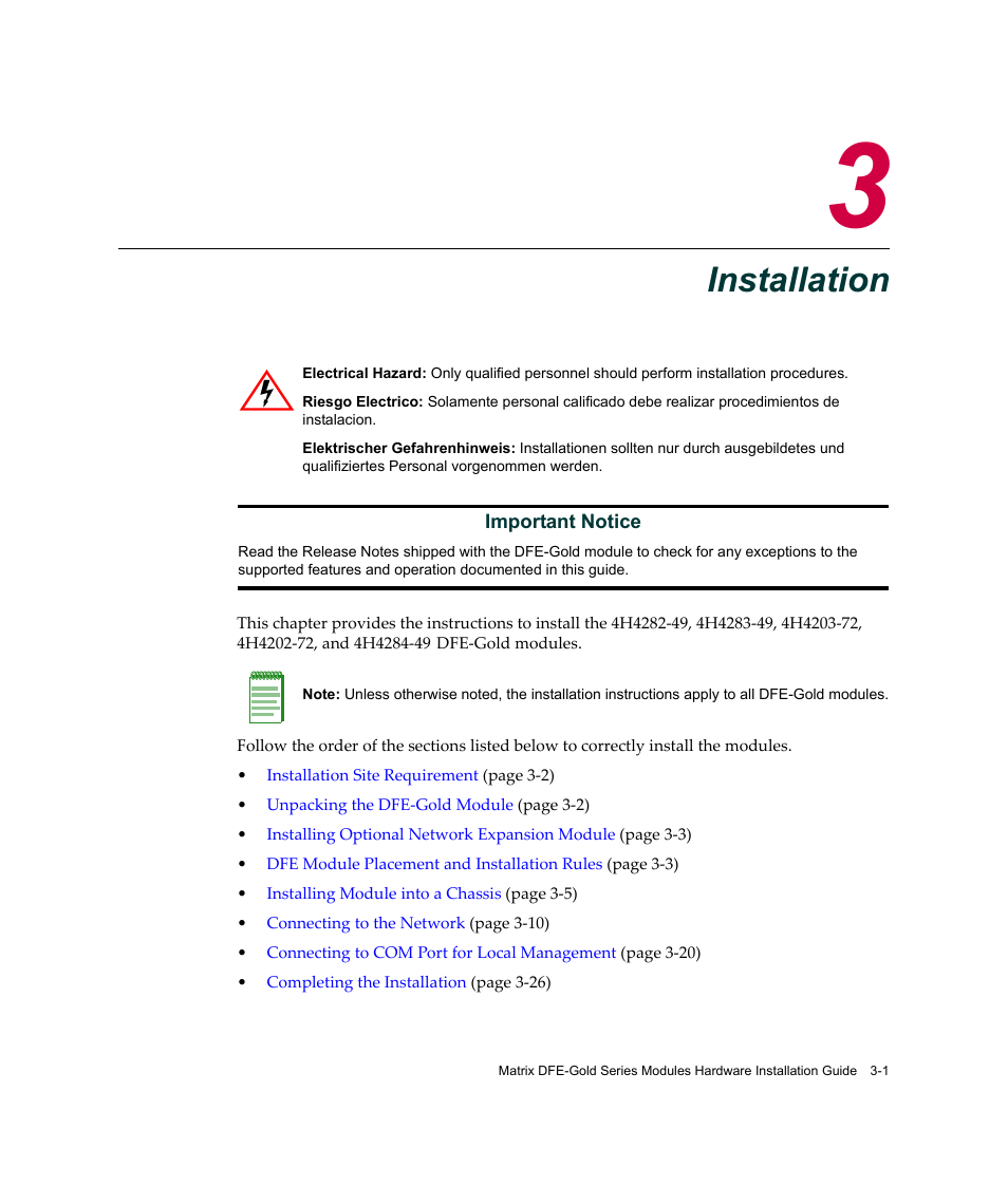 Installation, Chapter 3: installation, Hapter 3 | Enterasys Networks Enterasys Gold Distributed Forwarding Engine 4H4284-49 User Manual | Page 31 / 90