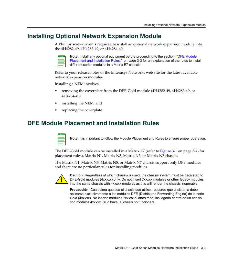 Installing optional network expansion module, Dfe module placement and installation rules | Enterasys Networks Enterasys Gold Distributed Forwarding Engine 4H4284-49 User Manual | Page 33 / 90