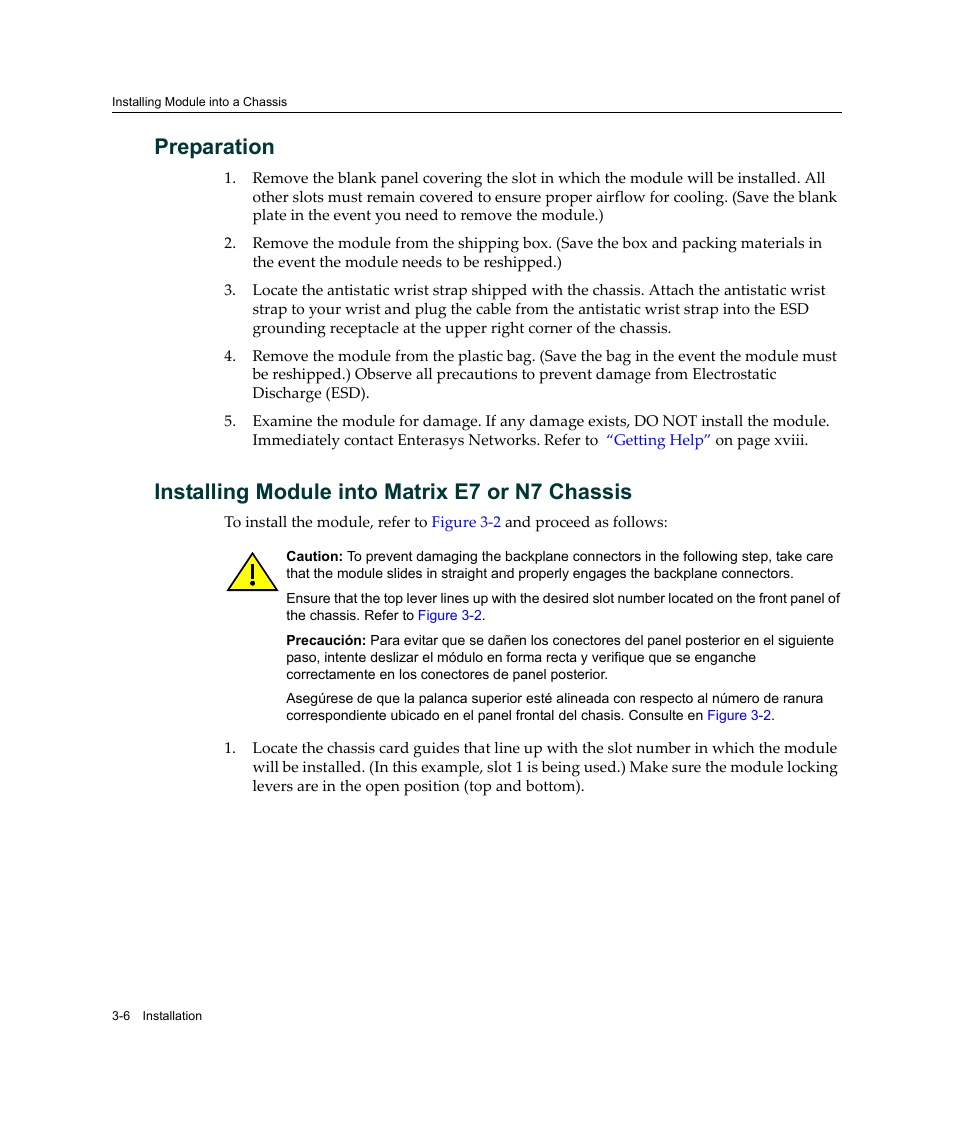 Preparation, Installing module into matrix e7 or n7 chassis | Enterasys Networks Enterasys Gold Distributed Forwarding Engine 4H4284-49 User Manual | Page 36 / 90