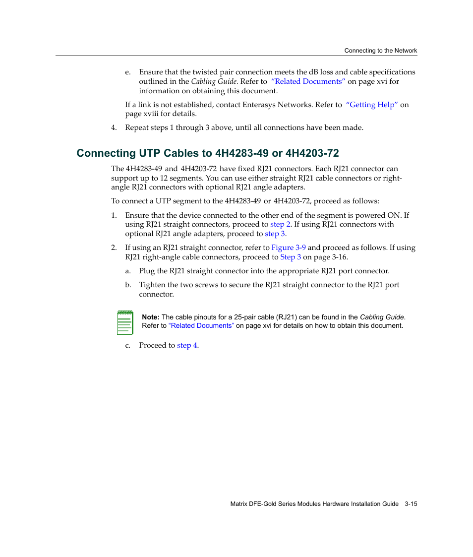 Connecting utp cables to 4h4283-49 or 4h4203-72, Connecting utp cables to 4h4283‐49 or 4h4203‐72 | Enterasys Networks Enterasys Gold Distributed Forwarding Engine 4H4284-49 User Manual | Page 45 / 90