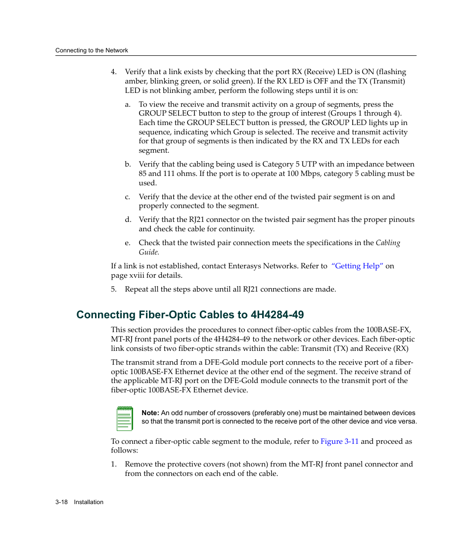 Connecting fiber-optic cables to 4h4284-49, Connecting fiber-optic cables to 4h4284-49 -18, Connecting fiber‐optic cables to 4h4284‐49 | Step 4 | Enterasys Networks Enterasys Gold Distributed Forwarding Engine 4H4284-49 User Manual | Page 48 / 90