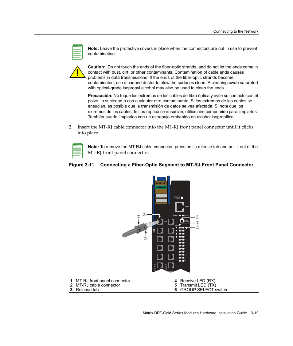 Figure 3‐11, Mt‐rj front panel connector, 1 mt-rj front panel connecto | Enterasys Networks Enterasys Gold Distributed Forwarding Engine 4H4284-49 User Manual | Page 49 / 90