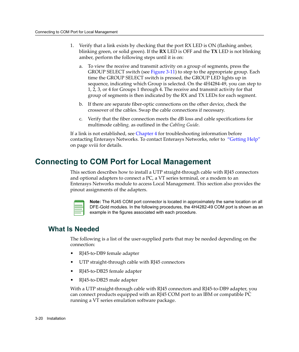 Connecting to com port for local management, What is needed, Connecting to com port for local management -20 | What is needed -20 | Enterasys Networks Enterasys Gold Distributed Forwarding Engine 4H4284-49 User Manual | Page 50 / 90