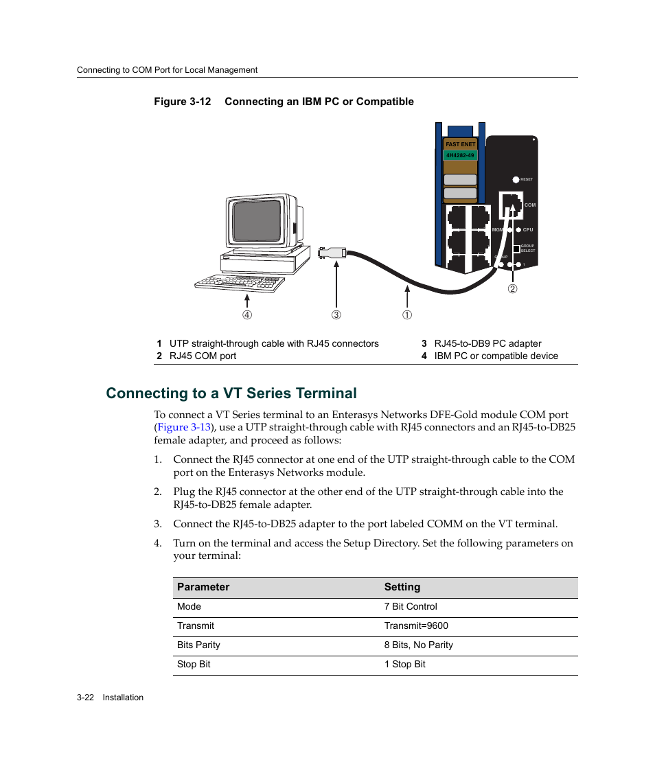 Connecting to a vt series terminal, Connecting to a vt series terminal -22, Connecting an ibm pc or compatible -22 | Вг б а | Enterasys Networks Enterasys Gold Distributed Forwarding Engine 4H4284-49 User Manual | Page 52 / 90