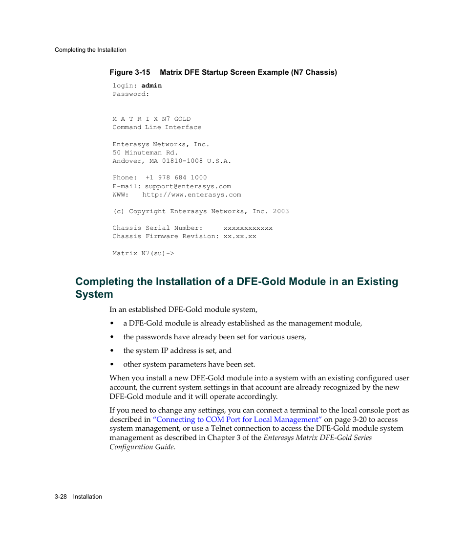 Matrix dfe startup screen example (n7 chassis) -28, Completing the installation of, A dfe‐gold module in an existing system | Figure 3‐15 | Enterasys Networks Enterasys Gold Distributed Forwarding Engine 4H4284-49 User Manual | Page 58 / 90