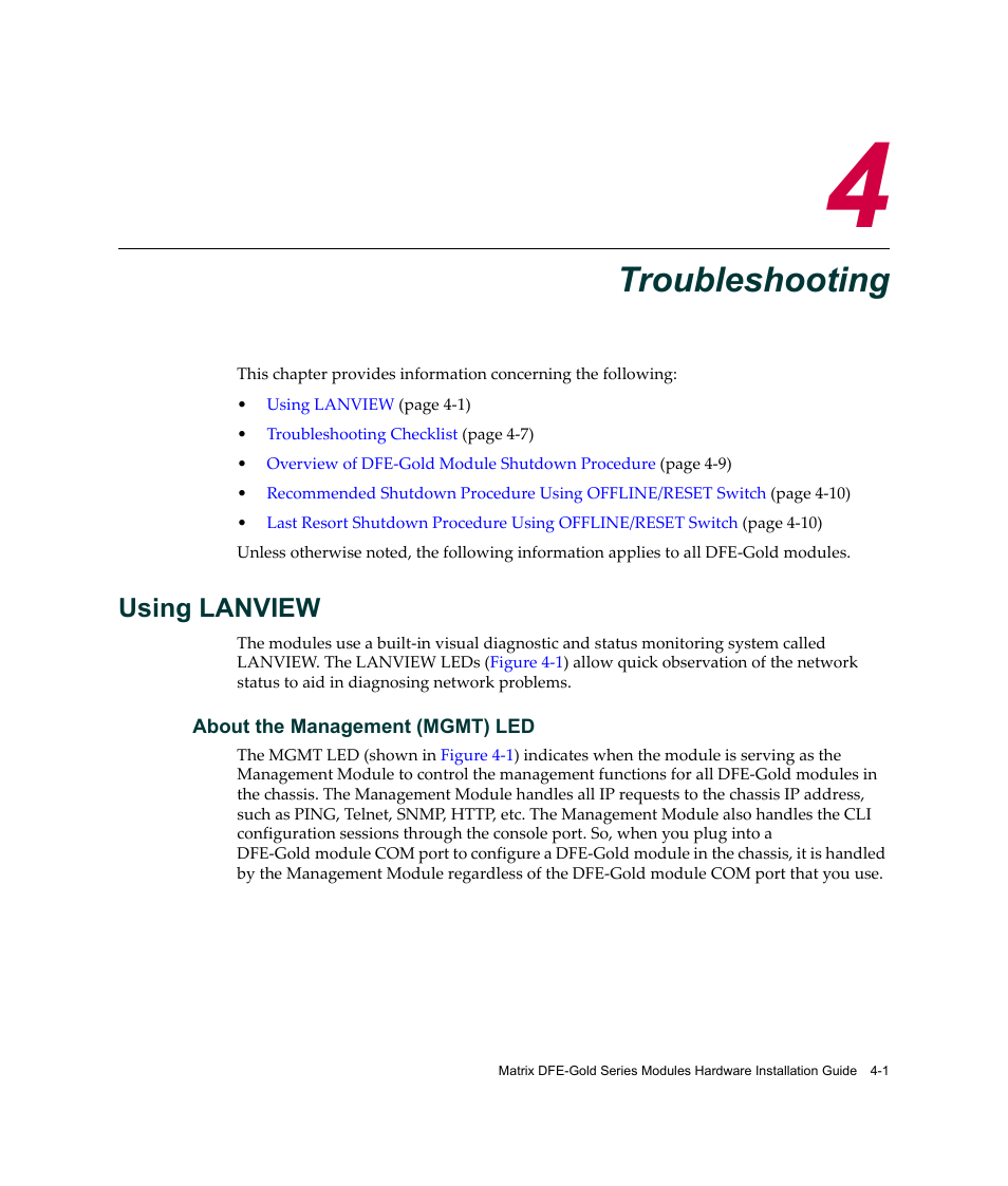 Troubleshooting, Using lanview, Chapter 4: troubleshooting | Using lanview -1, Hapter 4, Chapter 4 | Enterasys Networks Enterasys Gold Distributed Forwarding Engine 4H4284-49 User Manual | Page 61 / 90