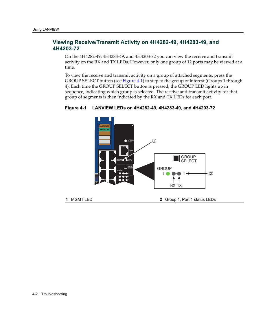 Figure 4‐1, 1 mgmt led 2 group 1, port 1 status leds, Group | Group select | Enterasys Networks Enterasys Gold Distributed Forwarding Engine 4H4284-49 User Manual | Page 62 / 90