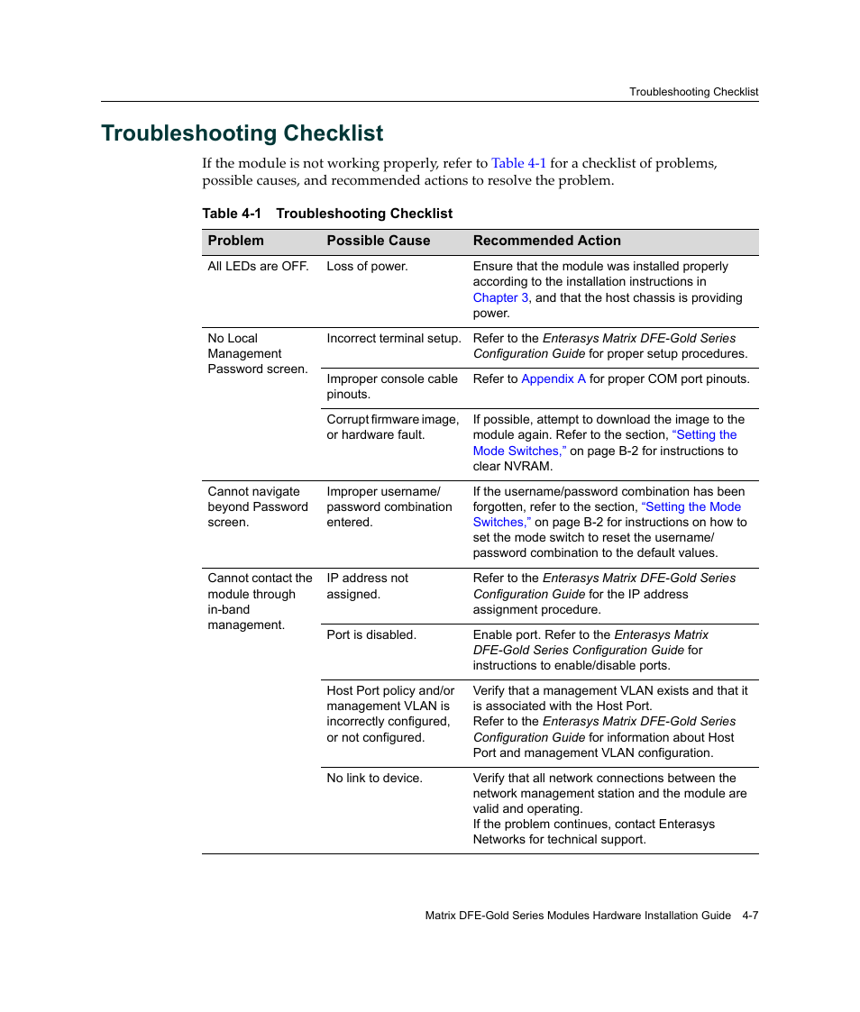 Troubleshooting checklist, Troubleshooting checklist -7 | Enterasys Networks Enterasys Gold Distributed Forwarding Engine 4H4284-49 User Manual | Page 67 / 90