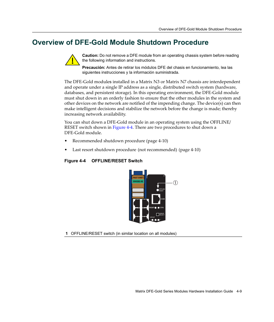 Overview of dfe-gold module shutdown procedure, Overview of dfe-gold module shutdown procedure -9, Offline/reset switch -9 | Overview of dfe‐gold module shutdown procedure | Enterasys Networks Enterasys Gold Distributed Forwarding Engine 4H4284-49 User Manual | Page 69 / 90