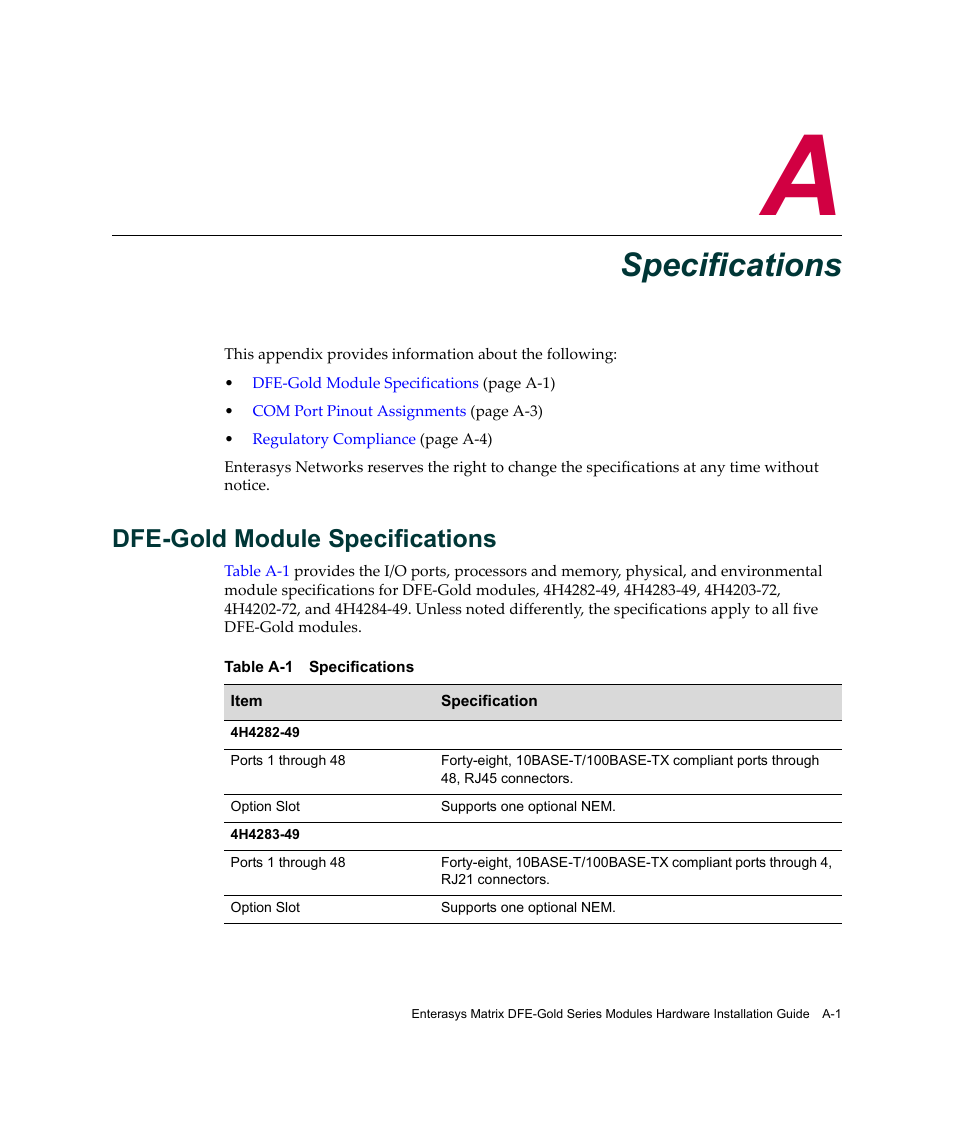 Specifications, Dfe-gold module specifications, Appendix a: specifications | Appendix a | Enterasys Networks Enterasys Gold Distributed Forwarding Engine 4H4284-49 User Manual | Page 71 / 90