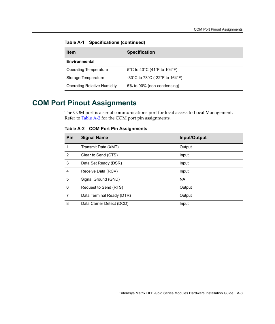 Com port pinout assignments | Enterasys Networks Enterasys Gold Distributed Forwarding Engine 4H4284-49 User Manual | Page 73 / 90