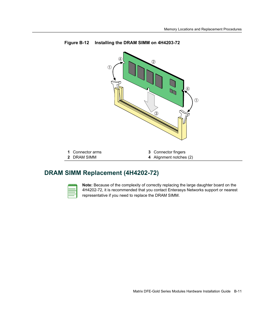 Dram simm replacement (4h4202-72), B-12 | Enterasys Networks Enterasys Gold Distributed Forwarding Engine 4H4284-49 User Manual | Page 85 / 90