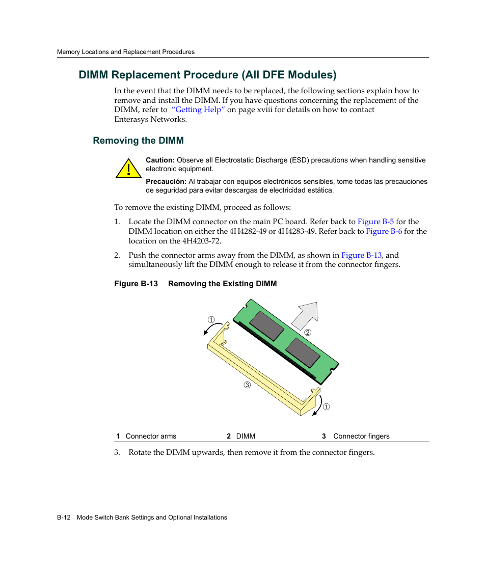 Dimm replacement procedure (all dfe modules), B-13 | Enterasys Networks Enterasys Gold Distributed Forwarding Engine 4H4284-49 User Manual | Page 86 / 90