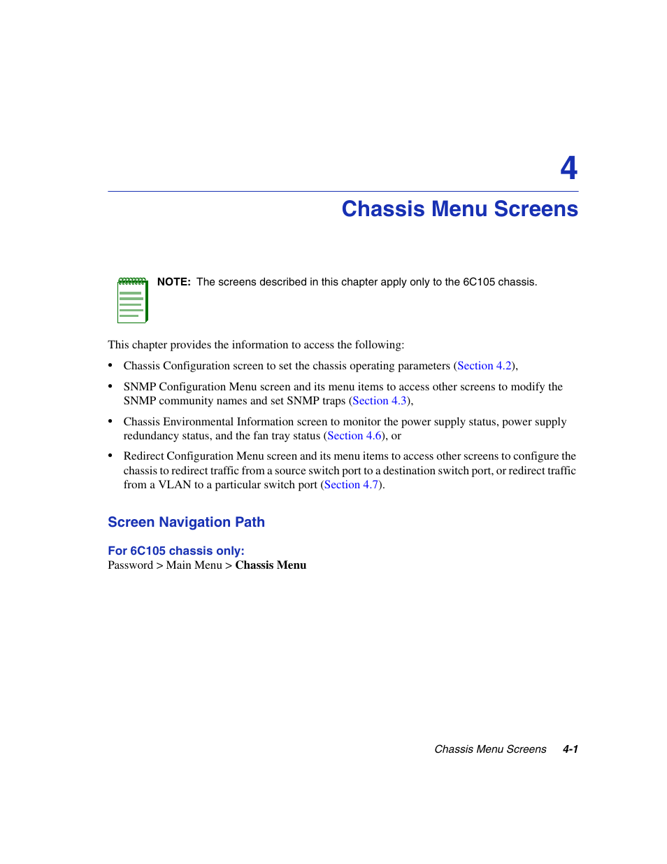 Chassis menu screens, Chapter 4 | Enterasys Networks 6H2xx User Manual | Page 101 / 430