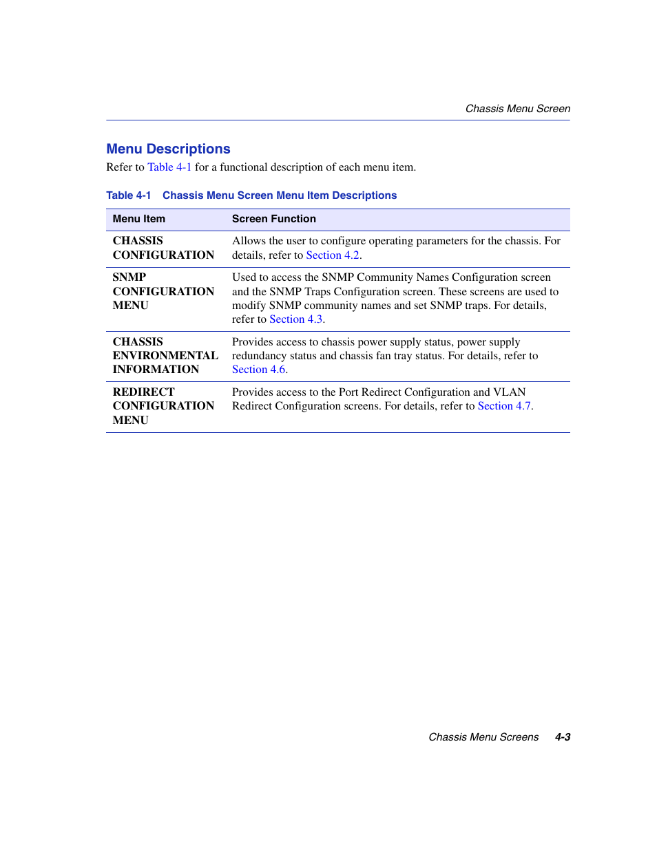 Chassis menu screen menu item descriptions | Enterasys Networks 6H2xx User Manual | Page 103 / 430