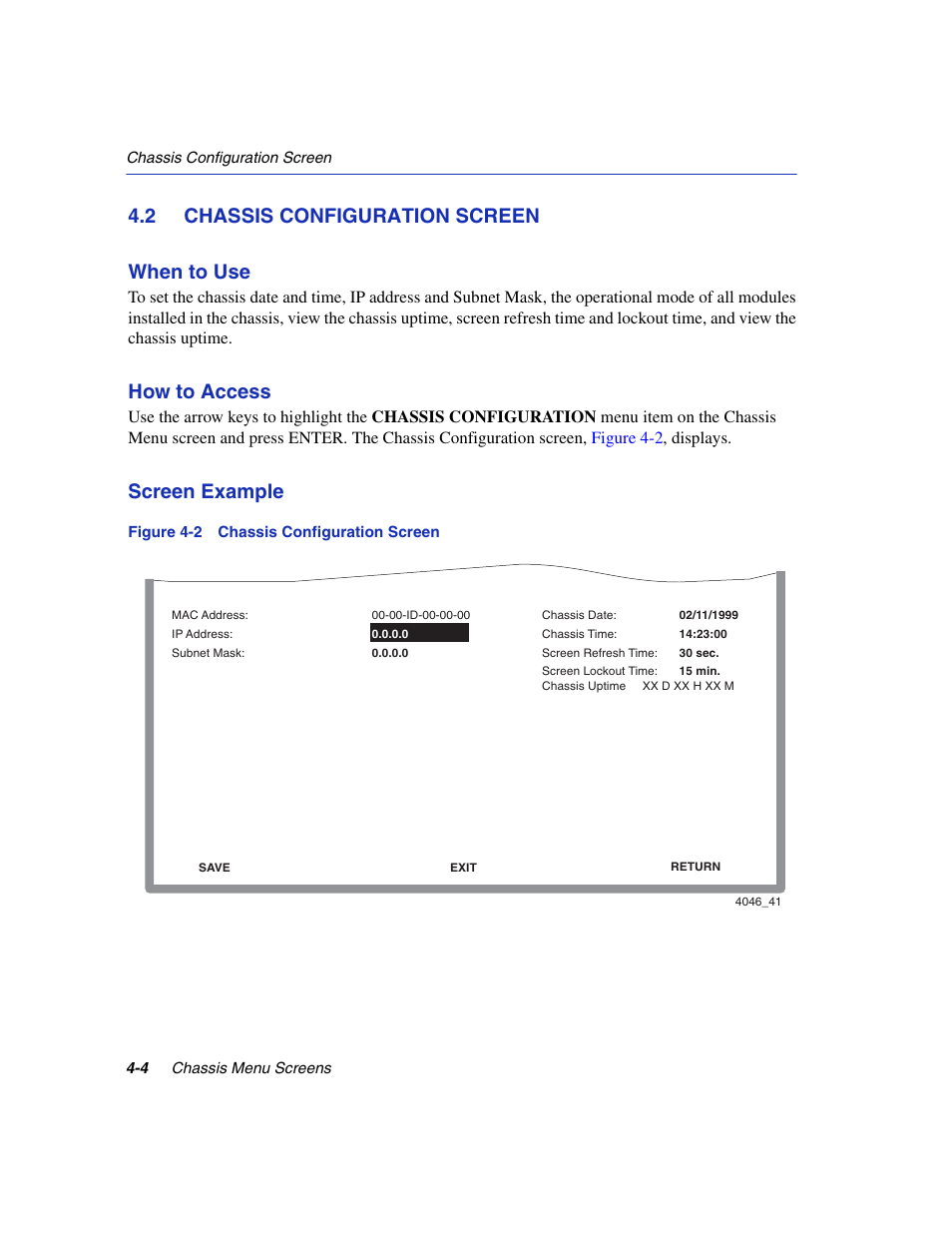 2 chassis configuration screen, Chassis configuration screen -4, Chassis configuration screen | Chassis configuration menu, Section 4.2, 2 chassis configuration screen when to use, How to access, Screen example | Enterasys Networks 6H2xx User Manual | Page 104 / 430