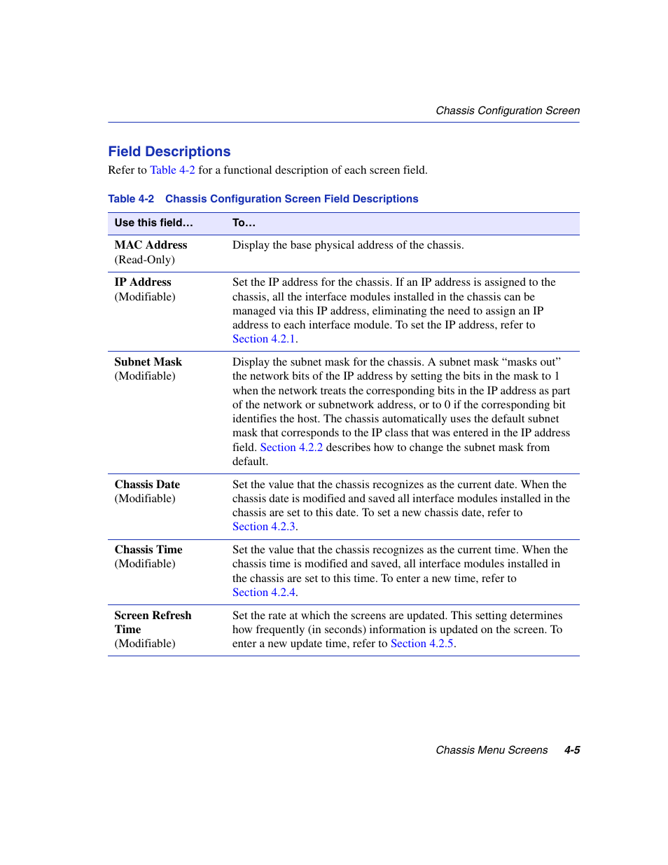 Chassis configuration screen field descriptions | Enterasys Networks 6H2xx User Manual | Page 105 / 430