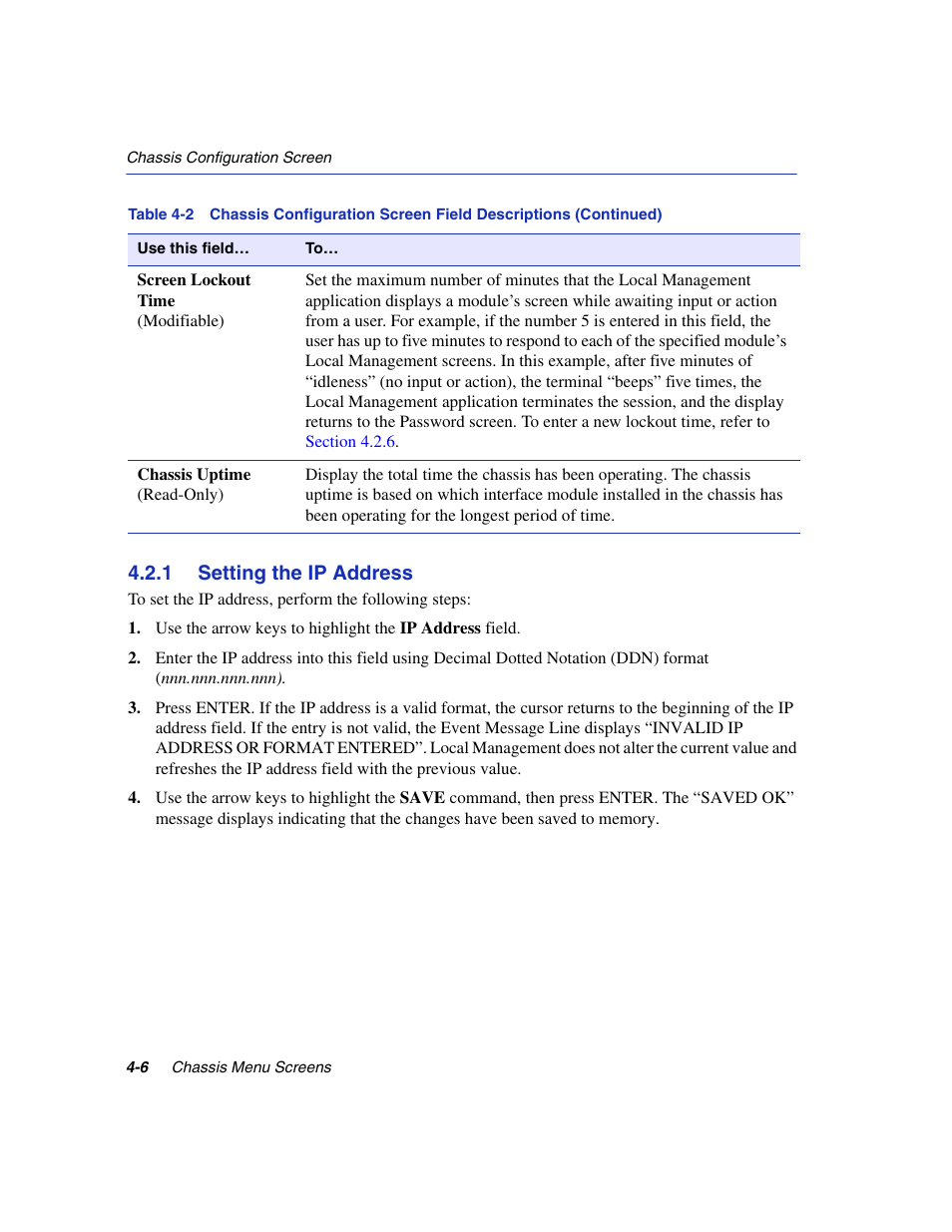 1 setting the ip address, Setting the ip address -6, Section 4.2.1 | Enterasys Networks 6H2xx User Manual | Page 106 / 430