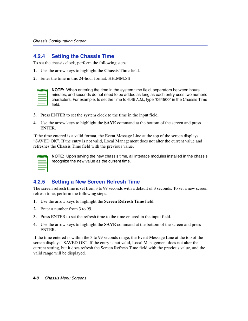 4 setting the chassis time, 5 setting a new screen refresh time, Setting the chassis time -8 | Setting a new screen refresh time -8, Section 4.2.4, Section 4.2.5 | Enterasys Networks 6H2xx User Manual | Page 108 / 430