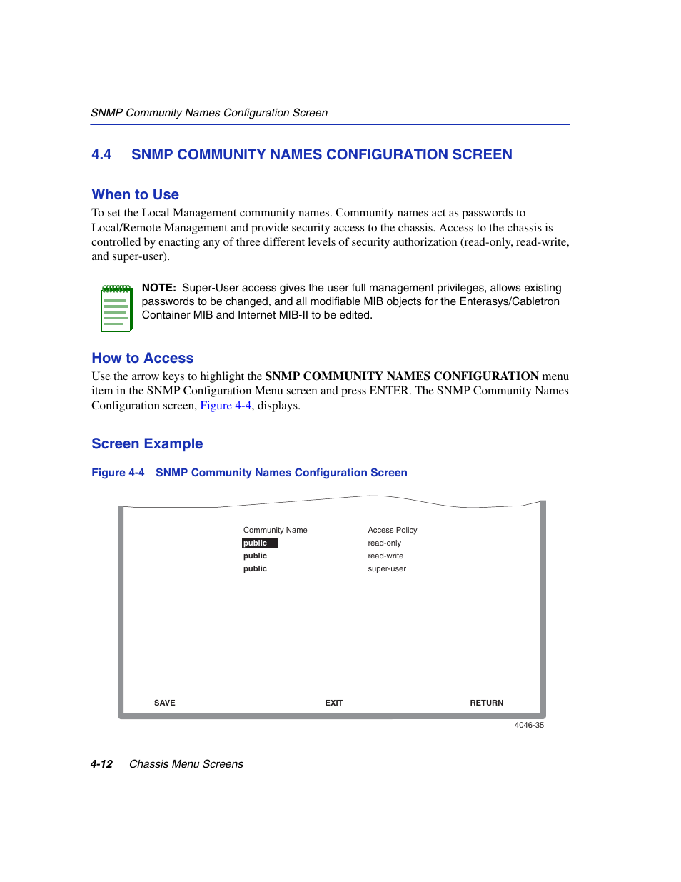 4 snmp community names configuration screen, Snmp community names configuration screen -12, Snmp community names configuration screen | Snmp community names configuration, Section 4.4, How to access, Screen example | Enterasys Networks 6H2xx User Manual | Page 112 / 430