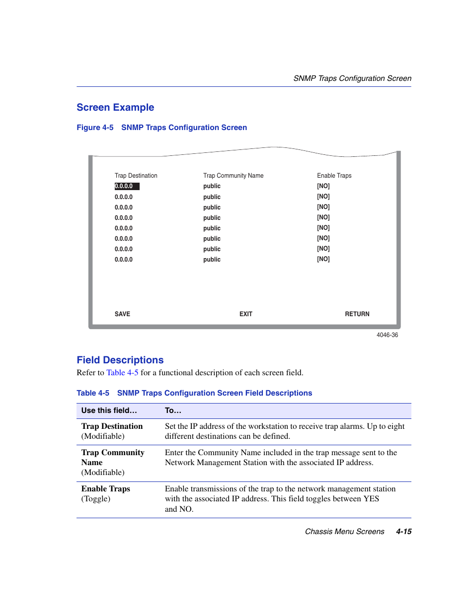 Snmp traps configuration screen, Snmp traps configuration screen field descriptions, Screen example | Field descriptions | Enterasys Networks 6H2xx User Manual | Page 115 / 430