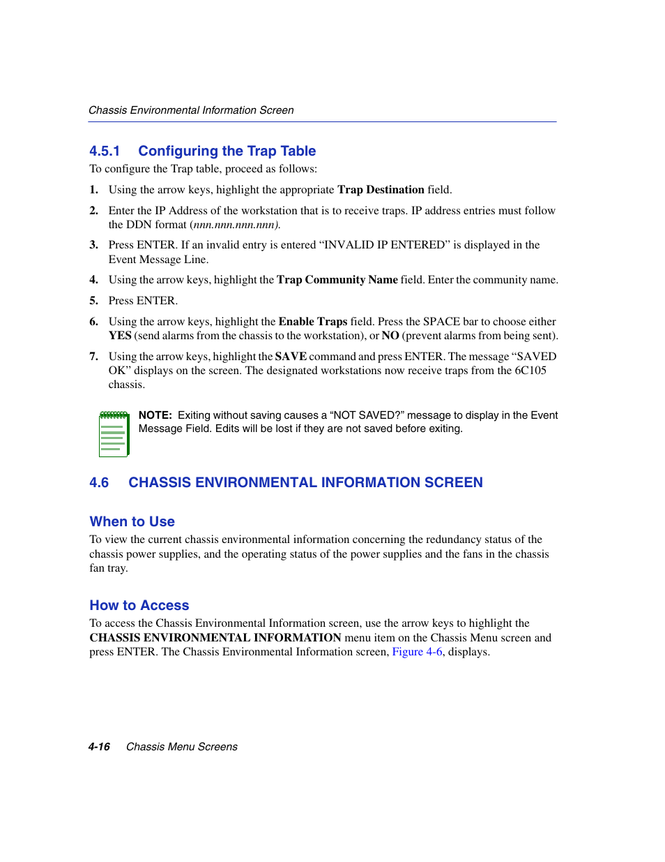 1 configuring the trap table, 6 chassis environmental information screen, Configuring the trap table -16 | Chassis environmental information screen -16, Chassis environmental information, Fan tray status, Section 4.6 | Enterasys Networks 6H2xx User Manual | Page 116 / 430