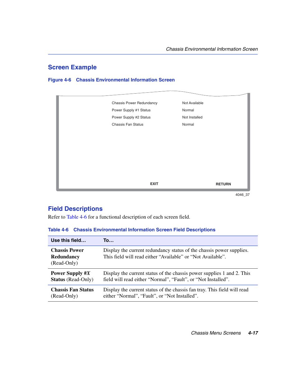 Chassis environmental information screen, Screen example, Field descriptions | Enterasys Networks 6H2xx User Manual | Page 117 / 430