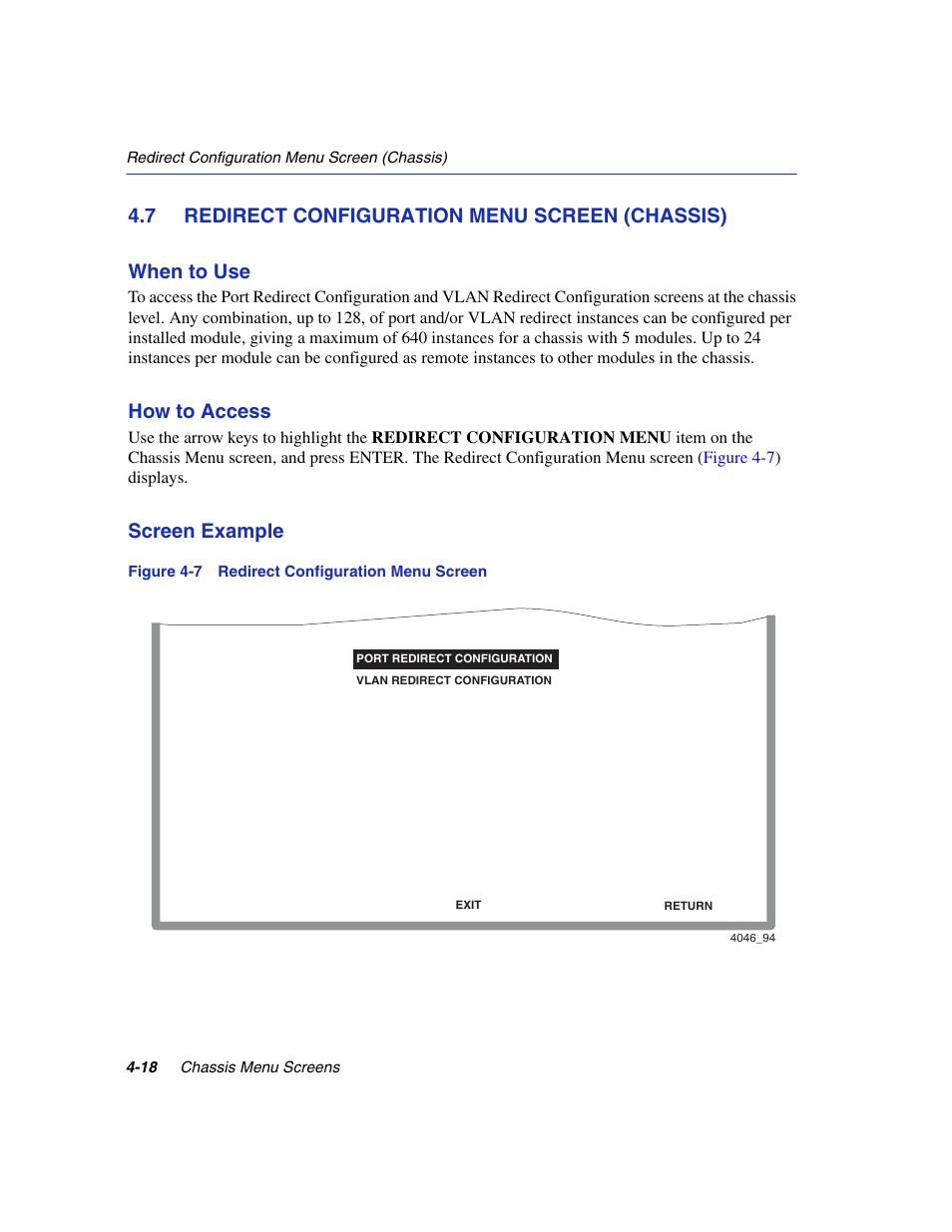 7 redirect configuration menu screen (chassis), Redirect configuration menu screen (chassis) -18, Redirect configuration menu screen | Redirect configuration menu, Section 4.7, How to access, Screen example | Enterasys Networks 6H2xx User Manual | Page 118 / 430