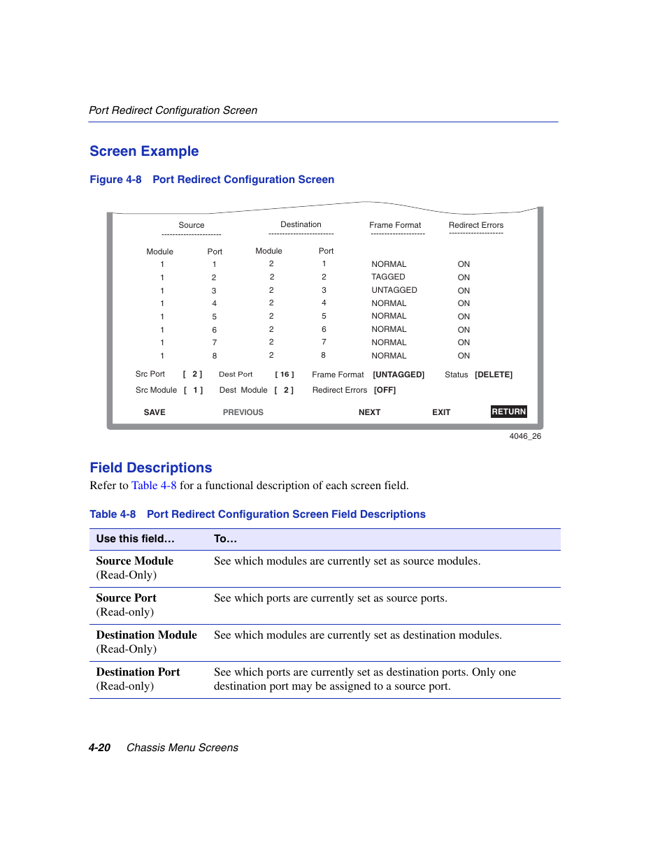 Port redirect configuration screen, Figure 4-8, Screen example | Field descriptions | Enterasys Networks 6H2xx User Manual | Page 120 / 430