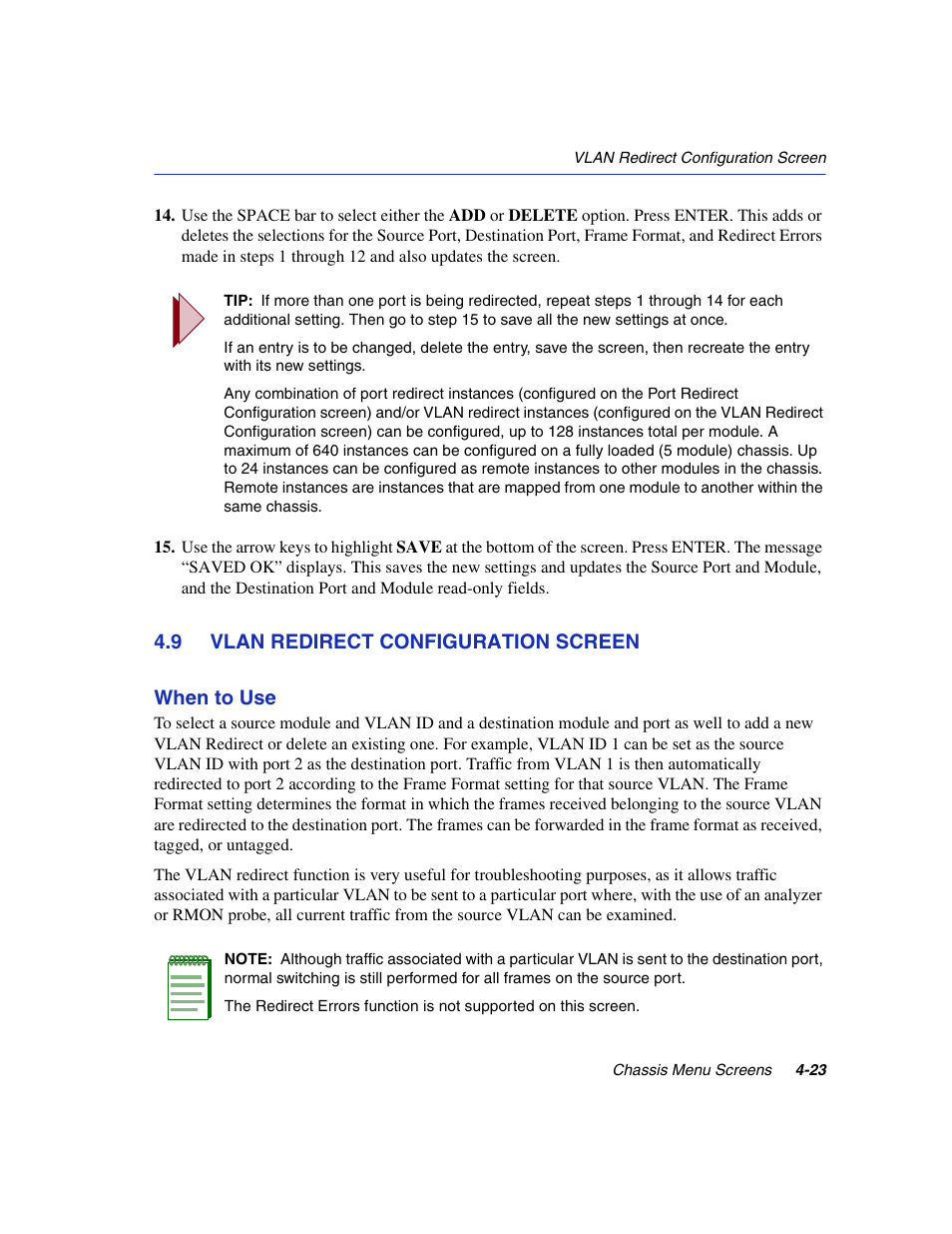 9 vlan redirect configuration screen, Vlan redirect configuration screen -23, Vlan redirect configuration | R details, refer to, Section 4.9 | Enterasys Networks 6H2xx User Manual | Page 123 / 430