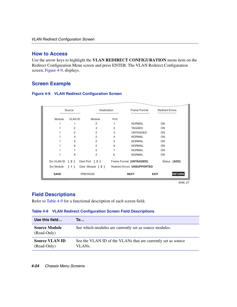 Vlan redirect configuration screen, How to access, Screen example | Field descriptions | Enterasys Networks 6H2xx User Manual | Page 124 / 430