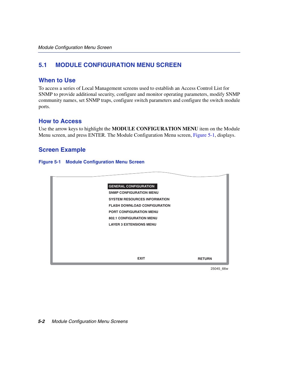 1 module configuration menu screen, Module configuration menu screen -2, Module configuration menu screen | Module configuration menu, 1 module configuration menu screen when to use, How to access, Screen example | Enterasys Networks 6H2xx User Manual | Page 128 / 430