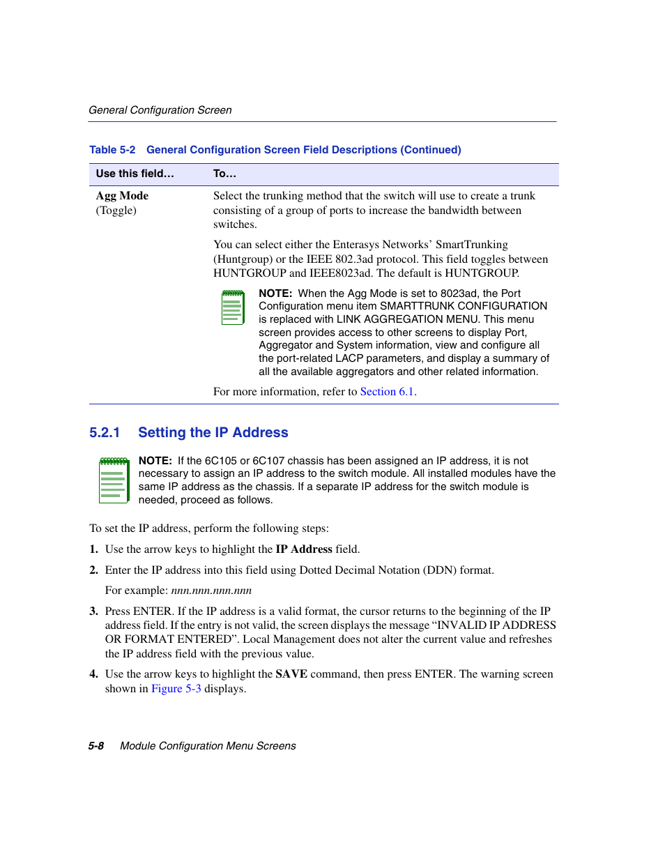 1 setting the ip address, Setting the ip address -8, Section 5.2.1 | The ip addre | Enterasys Networks 6H2xx User Manual | Page 134 / 430