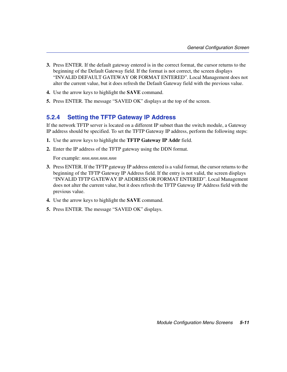 4 setting the tftp gateway ip address, Setting the tftp gateway ip address -11, Section 5.2.4 | Enterasys Networks 6H2xx User Manual | Page 137 / 430
