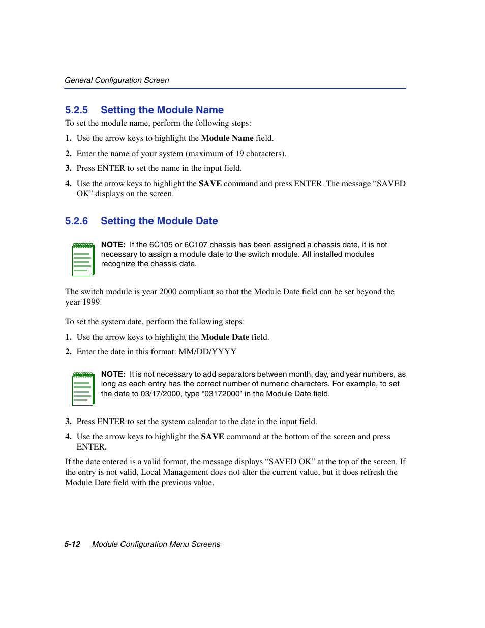 5 setting the module name, 6 setting the module date, Setting the module name -12 | Setting the module date -12, Section 5.2.5, W date, refer to, Section 5.2.6 | Enterasys Networks 6H2xx User Manual | Page 138 / 430