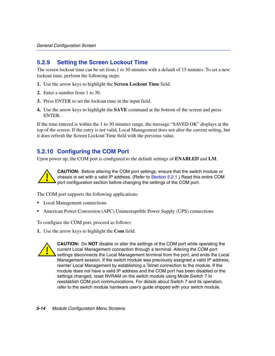 9 setting the screen lockout time, 10 configuring the com port, Setting the screen lockout time -14 | Configuring the com port -14, Section 5.2.10, Section 5.2.9, Refer to | Enterasys Networks 6H2xx User Manual | Page 140 / 430