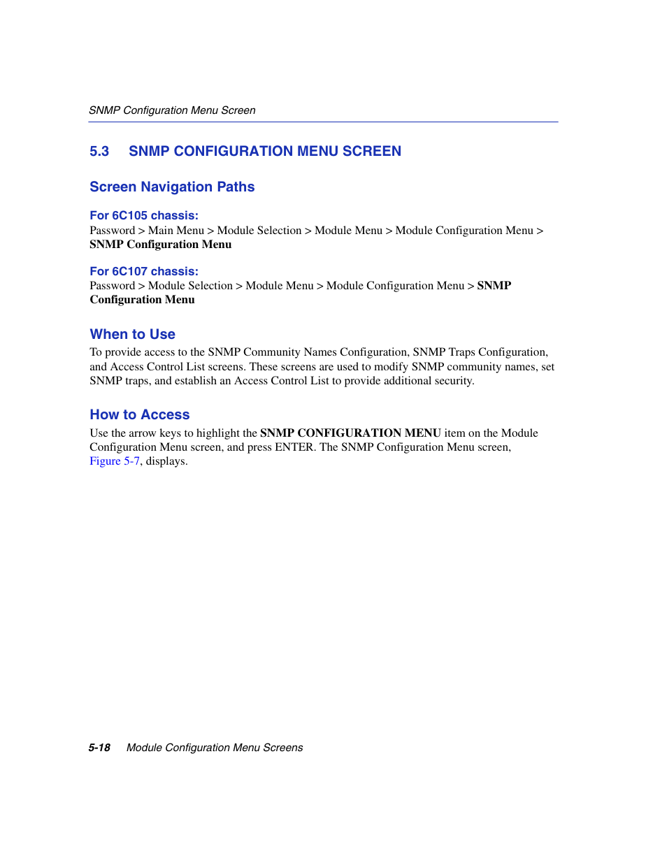 3 snmp configuration menu screen, Snmp configuration menu screen -18, Snmp configuration menu | Section 5.3 | Enterasys Networks 6H2xx User Manual | Page 144 / 430